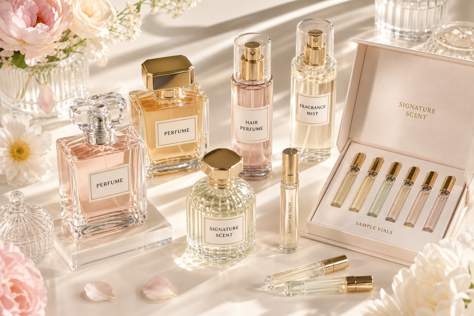 Perfume, hair perfume, fragrance mist, sample vial, and scent kit product family