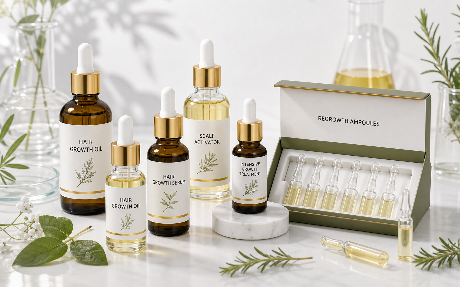 Hair growth oil, serum, ampoule, and scalp treatment product family