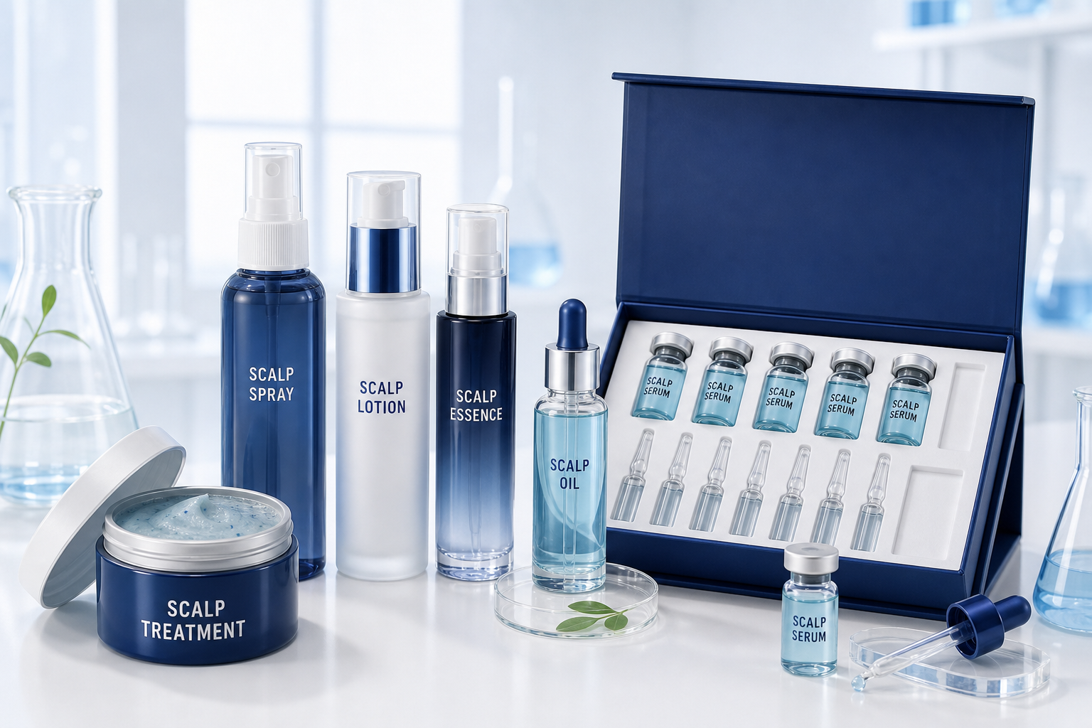 Scalp spray, essence, serum, oil, lotion, and treatment product family